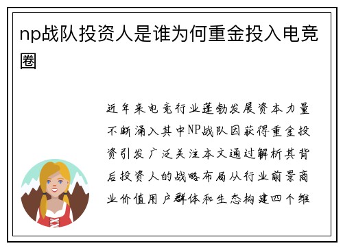 np战队投资人是谁为何重金投入电竞圈